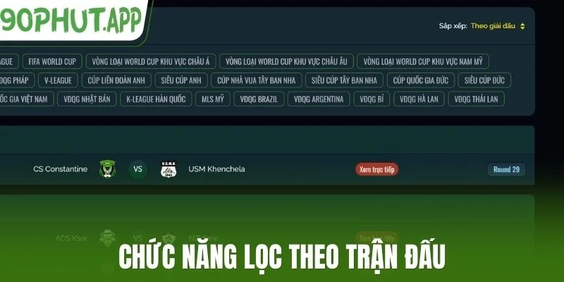 Chức năng lọc theo trận đấu