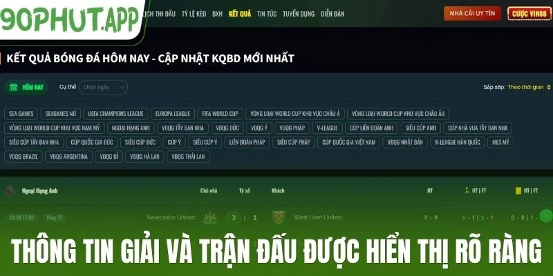 Thông tin giải và trận đấu được hiển thị rõ ràng