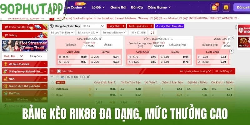Bảng kèo Rik88 đa dạng, mức thưởng cao